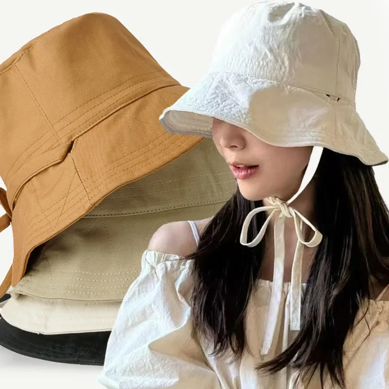 Ins Summer Drawstring Fisherman Hat Solid Color Simple Cotton Bucket Cap Fashionable Japanese Girl Outdoor Sun Hats Sunshade