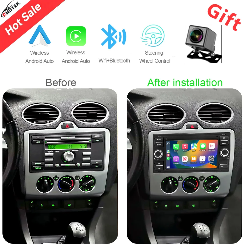 CHSTEK Radio de coche Carplay para Ford S/C-Max Galaxy Focus Mondeo Connect Fiesta 2003-2011 unidad principal Android Auto BT GPS WIFI estéreo