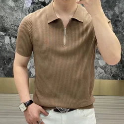 2024 Summer Thin Ice Silk Cool Men's Polo Shirt Solid Lapel Zipper Patchwork Smart Casual Elastic Breathable Short Sleeved Top