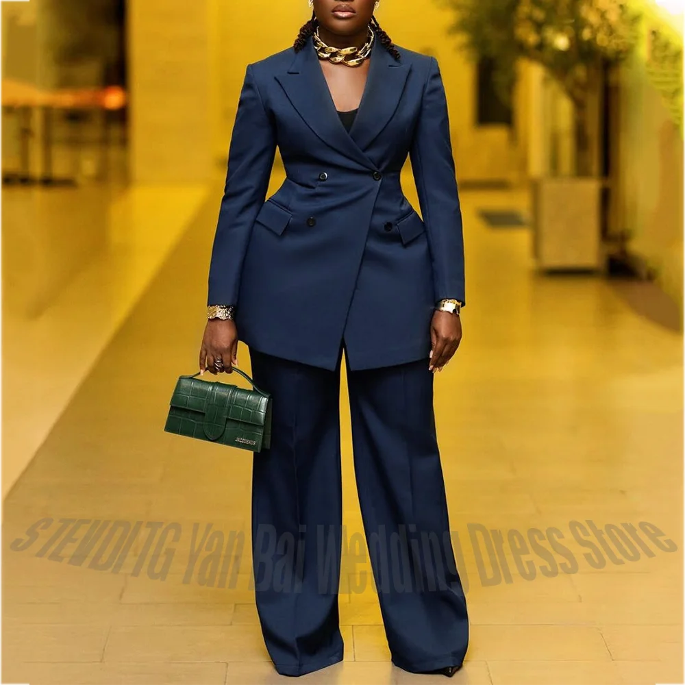 

Navy Blue Pants Suit For Women Tailoring Set 2 Piece Elegant Double Breasted Peak Lapel Full Female Outfit Costume Luxury 2026