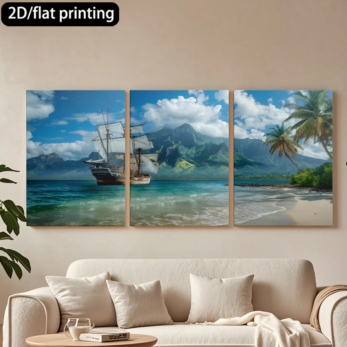 

Набор из 3 декоративных картин на холсте в деревянной раме: Парусник, тропический пляж, горы. Декор для коридора и спальни.