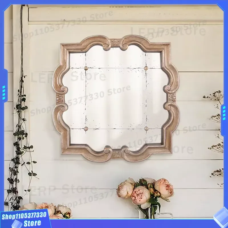 60cm Vintage Industrial Wood Carving Wall Mirror Creative Decorative Pendant for Cafe Shop Home Interior Design Art