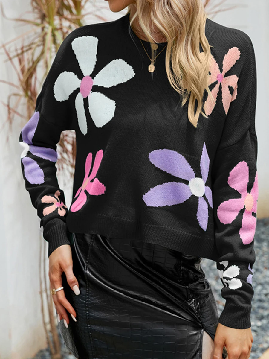 

Women s Floral Print Sweaters Long Sleeve Crew Neckline Drop Shoulder Loose Knit Pullover Tops