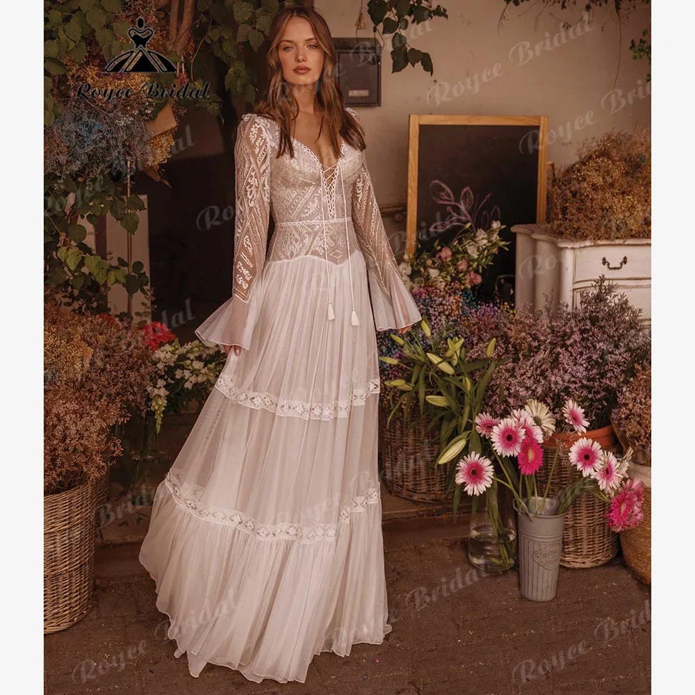 abiti sposa Modest Long Sleeve Bohemian Boho V Neck Wedding Dress for Women 2025 Backless Bridal Gown Customized vestidos noiva