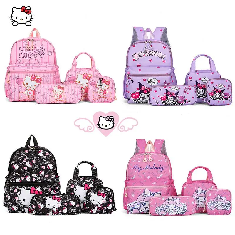 

Cute Hello Kittys Backpack Cartoon Sanrios Melody Kuromi Children School Bag Shoulder Bag Pencil Case Wallet 4Pcs Large Capacity