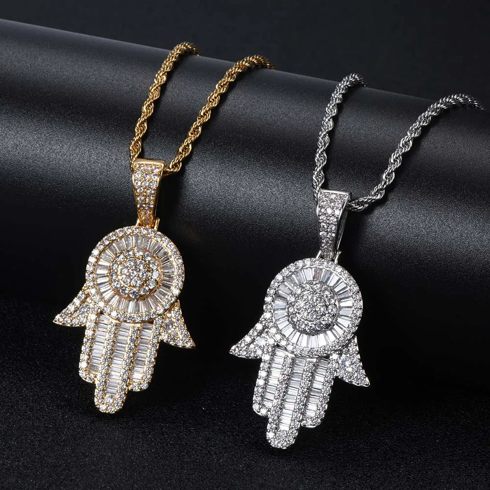 Hip Hop Iced Out Cubic Zirconia AAA CZ Brass Big Hand Palm Pendant Jewelry For Men With Tennis Chain