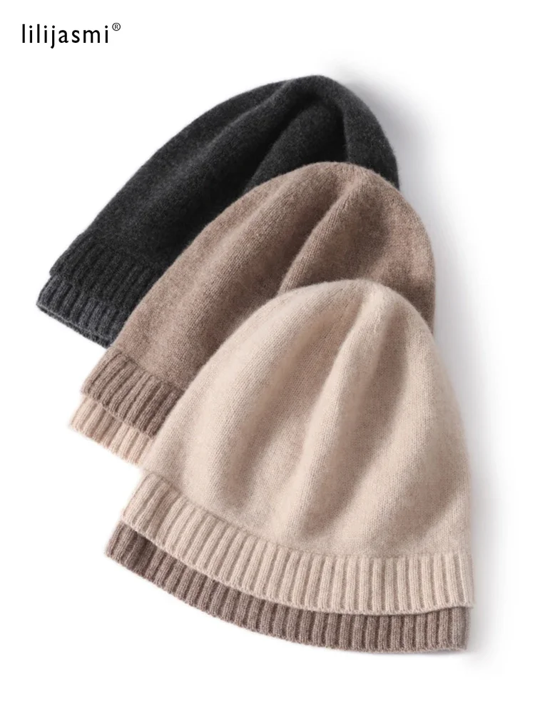 100% Wool Knit Caps New Fashion Double Layer Hem Deco Unisex Beanies Pure Wool Warm Hat Soft Cozy Spring Outdoor Casual