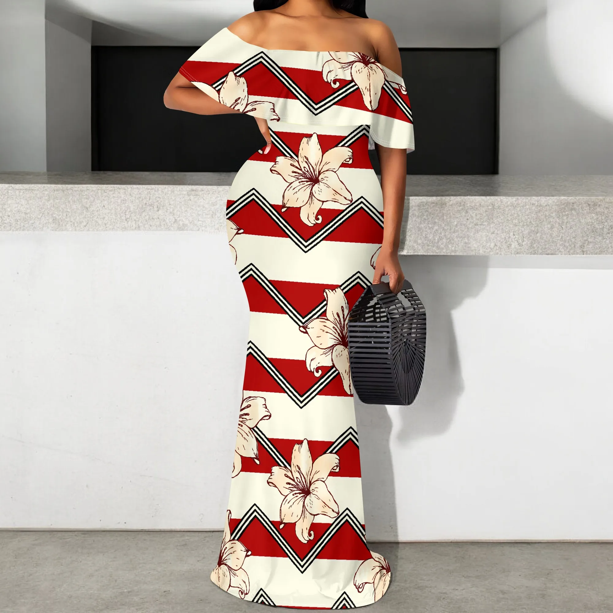 

Nupusa Striped Floral Print Dress for Women Regular Size Summer Casual Off - Shoulder Short Sleeve Maxi