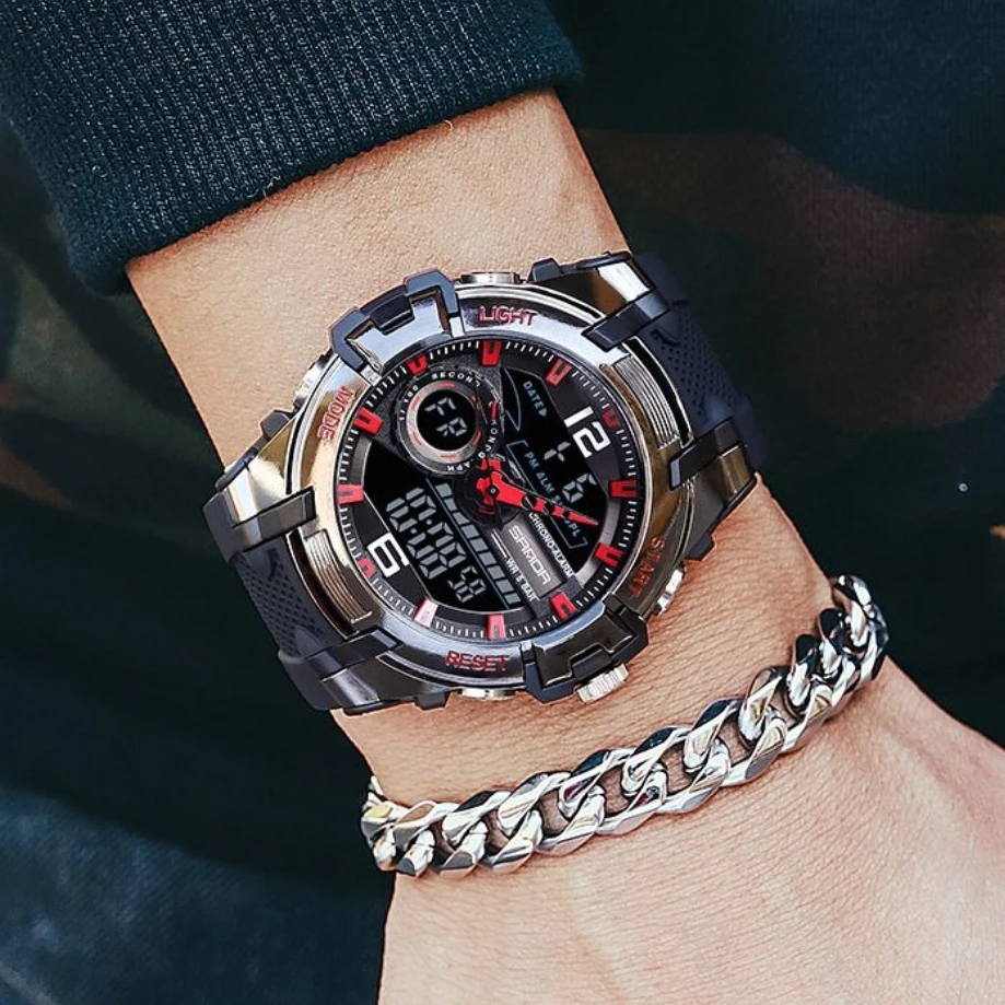 حار بيع ساعة رياضية رجالية جديدة، شخصية باردة للماء الساعات الإلكترونية المألوف الهاتفي عرض مزدوج ساعة المعصم