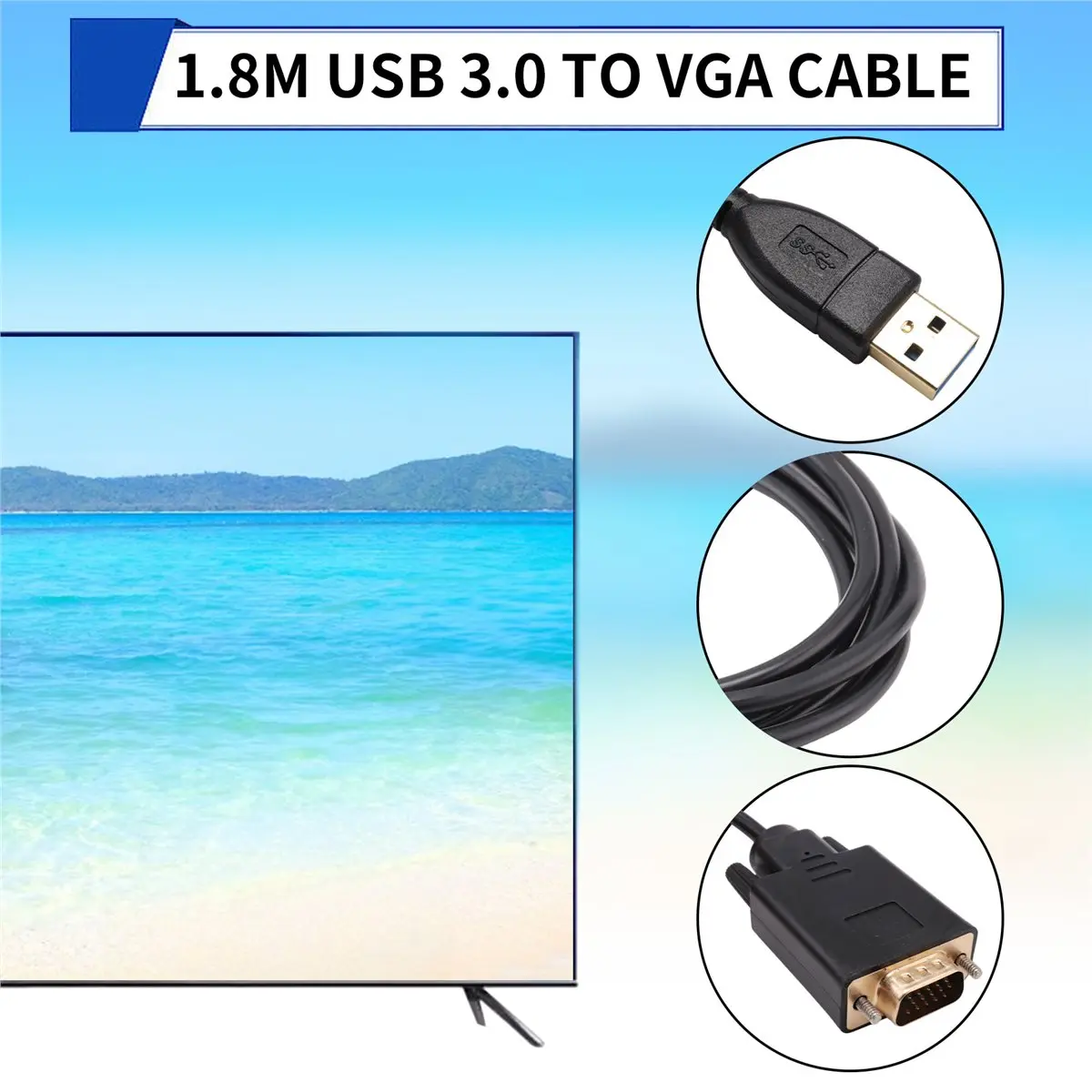 doyme 1.8m USB 3.0 to VGA Cable 1080P USB3.0 Male to VGA Male Converter Adapter Cable for Laptop UHD External Video Projector
