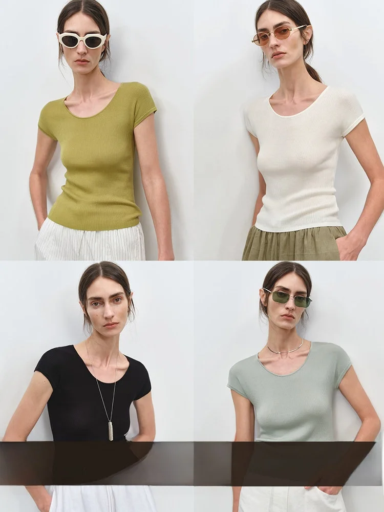 

MSBEAST Cool Knitted Tee-acetate Lyocell T U-ne Stripe High Elastic Slimming ort Sve T-irt Women's Faion Spring ...