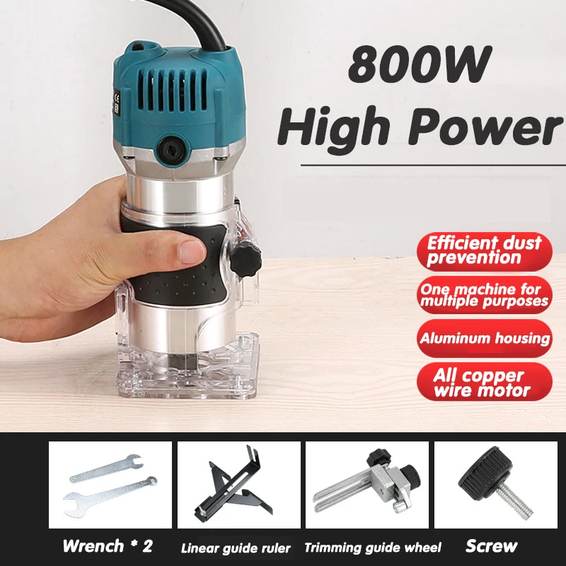 

220V 800W Woodworking Electric Trimmer Wood Milling Engraving Slotting Trimming Machine Hand Carving 6.35mm