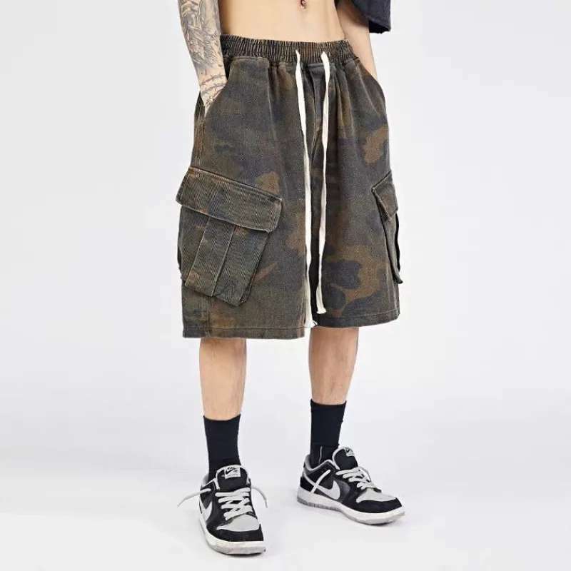 Oversize Men Vintage Camouflage Cargo Shorts Harajuku Streetwear Male New Summer Fashion Sports Casual Knee Lenght Short Pants