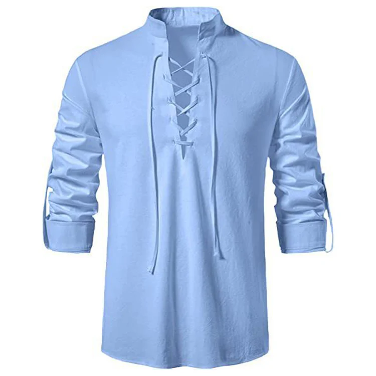 

Customizable Deep Blue Cotton Linen Shirt Fitness Men's plus Size Muscle T-Shirt Breathable Long Sleeve Standard Fit Shirt
