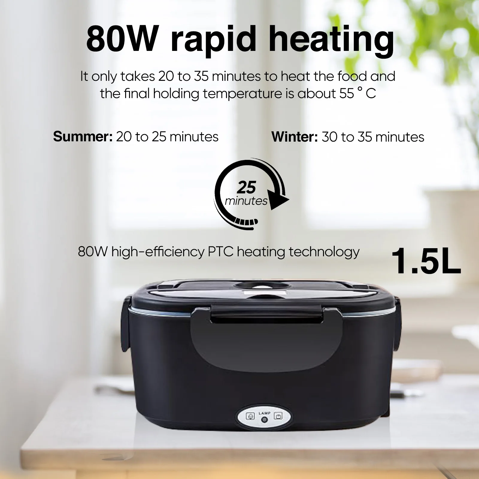 1,5 L 60W Robuste elektrische Lunchbox, Speisenwärmer, tragbarer Speisenheizer für Auto oder Zuhause - Auslaufsicherer 304 Edelstahl-Inneneinsatz – Detail 2