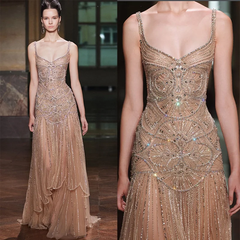 

L532 Customized Luxury Brown Beaded Crystal فساتين السهرة vestidos de fiesta فساتين سهره evening dresses