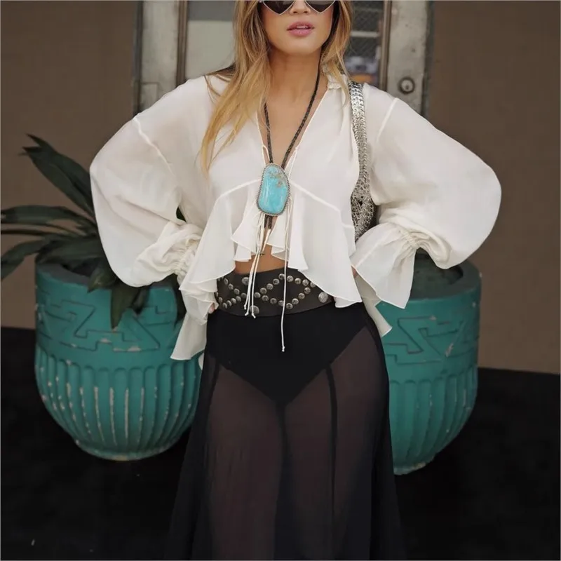 

Sexy Deep V-neck White Shirts & Blouses 2025 New Flare Sleeve Ruffles Splic Lace-up Shirt Casual Loose Fit Sweatshirts Blusas