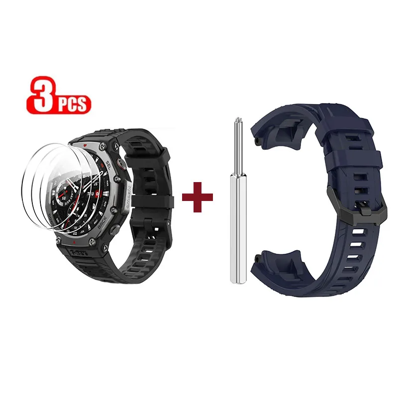 For Huami Amazfit T-REX 3 2in1 Silicone Strap Band + 3PCS Anti-scratch HD Screen Protector