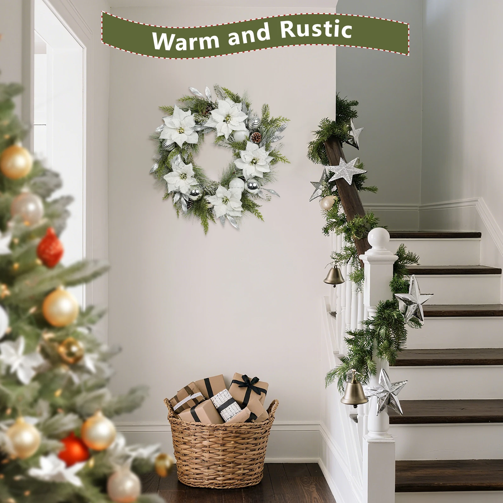 

Christmas Decor 24" Artificial Wreath with White Poinsettia and Silver Shatterproof Ornaments, Ready to Display on Door, Outdoo