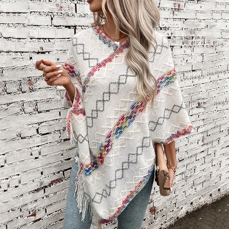

Women's Knitted tassel cape shawl sweater Spring/ autumn/winter batwing sleeve Casual loose jacquard cape cloak jacket