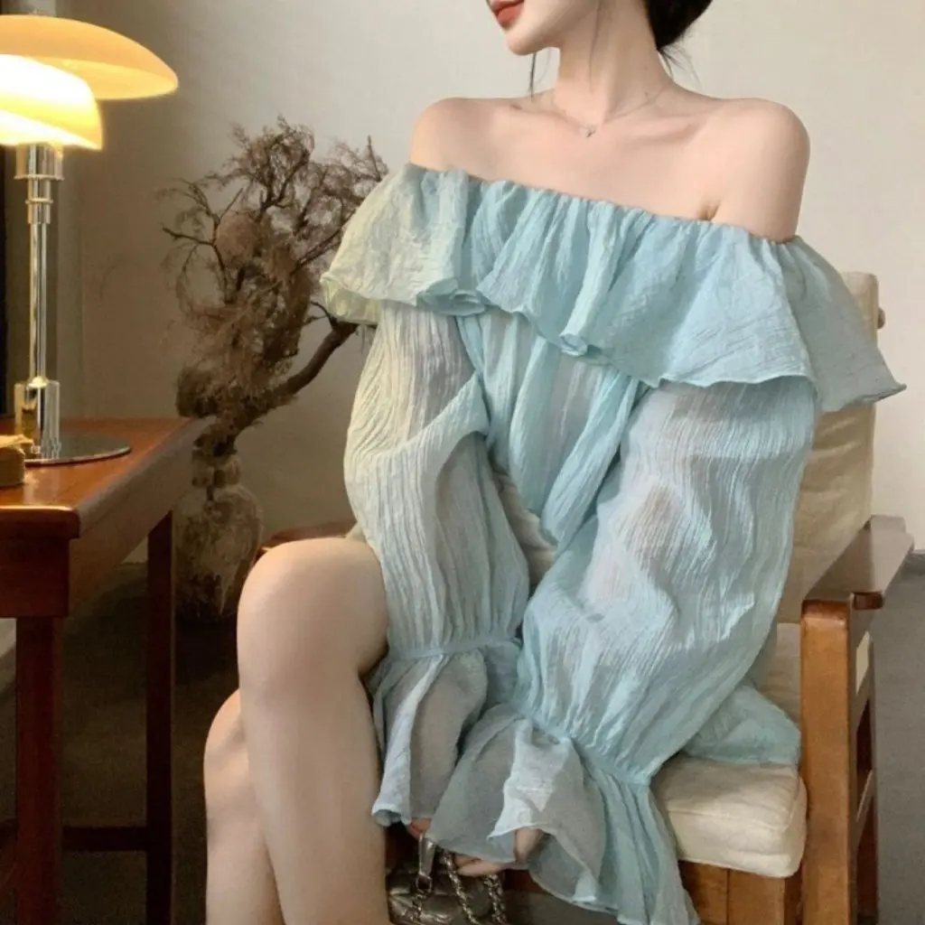 

Women's French One-Line Collar Off-Shoulder Loose Casual Shirt Ruffled Bell Sleeve Top Thin Bottoming Summer 2025