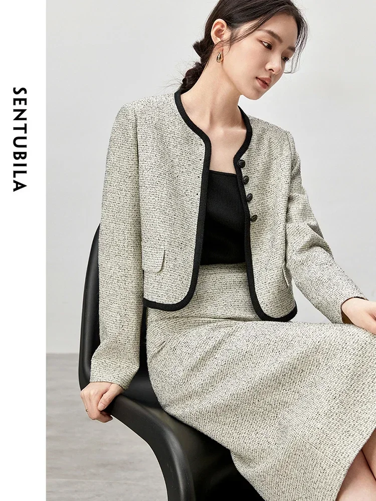 SENTUBILA, conjuntos elegantes de Tweed para mujer, conjunto de falda de dos piezas, Chaqueta corta con ribete de contraste de primavera 2025, falda con abertura 143Z56156