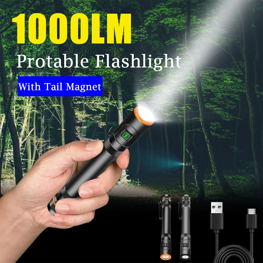 

USB Rechargeable LED Flashlight Super Bright 6 Modes XPE Torch With Pen Clip Magnet Work Light Outdoor Camping Fishing Lantern