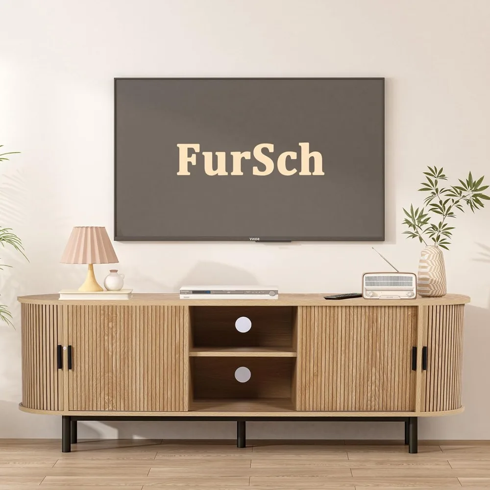 

62" Tambour Door TV Stand,Wood Mid Century Modern TV Cabinet for Up to 75“ TV,Curved Edge Long Media Console with Open Storage