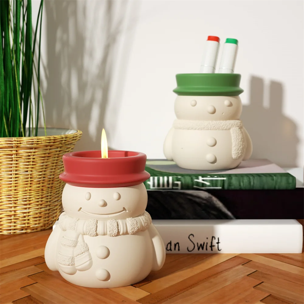 Snowman Candle Jar Concrete Silicone Mold Handmade Candle Vessels Jesmonite Mold Cement Storage Box Mould Christmas Home Decor