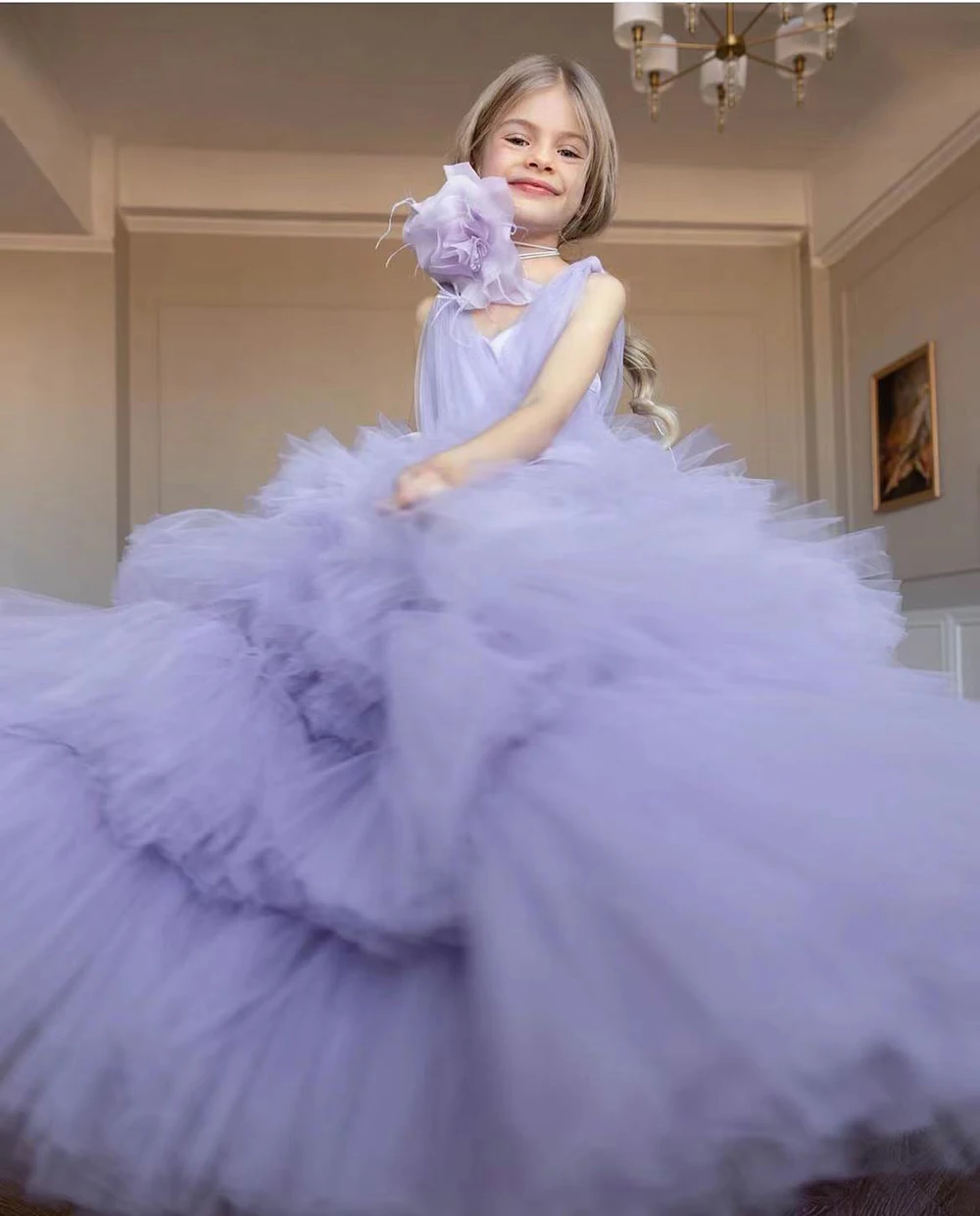 

Tulle Puffy Flower Girl Dress Layered Sleeveless Elegant Ball Gowns For Girls Kids Birthday Party First Communion Wear