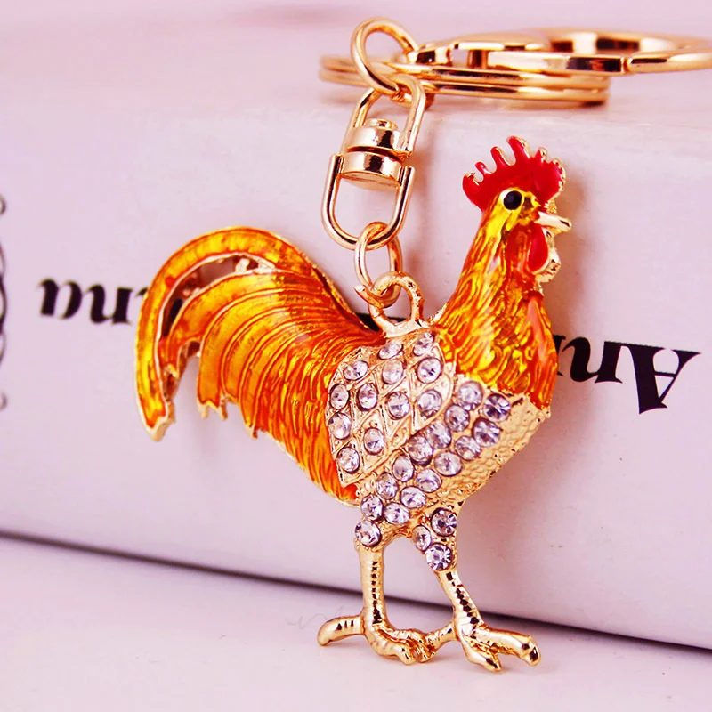 Colorful Rhinestone Rooster Chicken Keychains Luxury Metal Chinese Zodiac Chicken Key Chains Handbag Pendant Jewelry Accessories