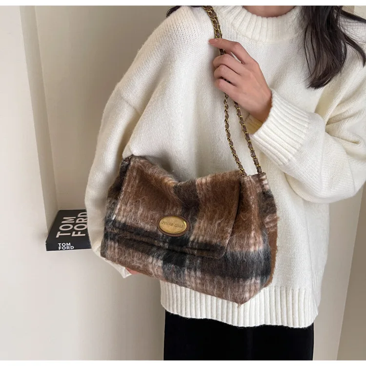 Trendy Wool Blend Hobos Shoulder Crossbody Bags Women Tote Handbags and Purses 2023 New Lattice Messenger Bag High Quality