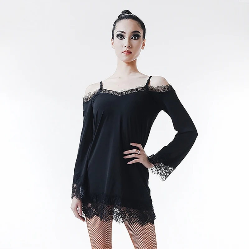 

Off-Shoulder Latin Dance Dress Ballroom Tango Lace Practice Wear Women Samba Rumba Dancing Clothes Long Sleeve Dancewear VDB7666