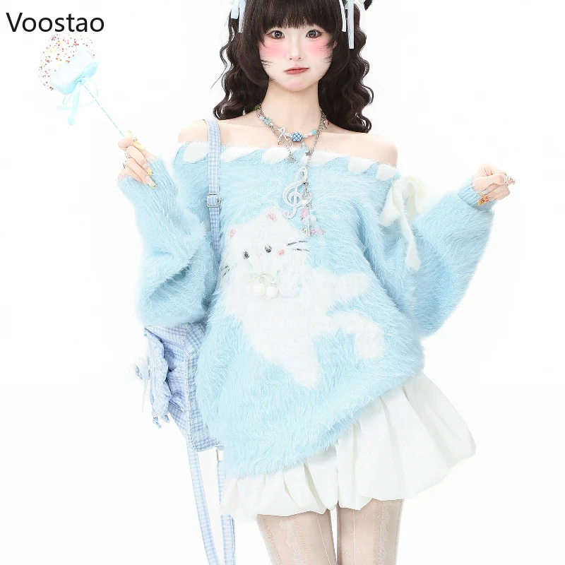 

Japanese Sweet Lolita Style Knitted Pullover Women Kawaii Cartoon Cat Bandage Loose Sweaters Autumn Female Harajuku Y2k Knitwear
