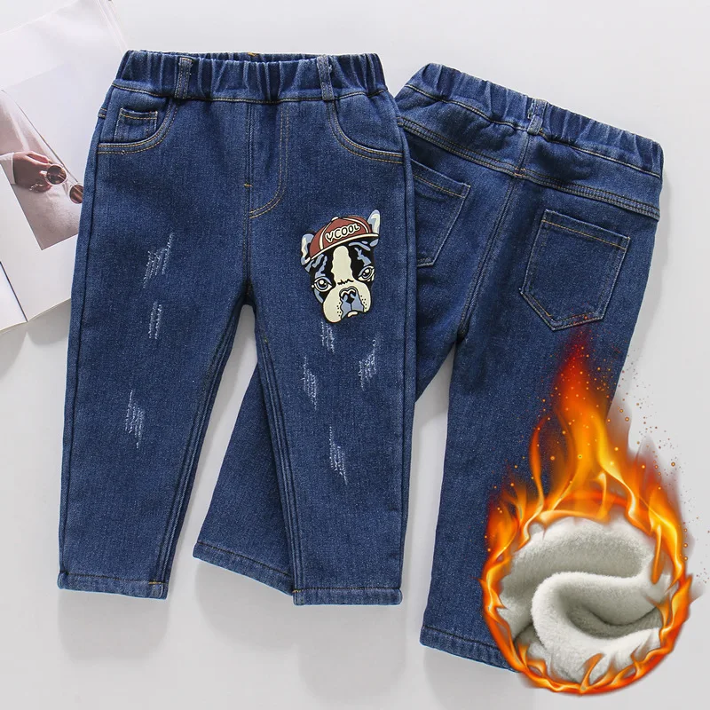 

Autumn Winter Kids Baby Boys Denim Pants Cartoon Dog Printed 1-8Y Boys Jeans Retro Thick Elastic Waist Toddler Boys Trousers