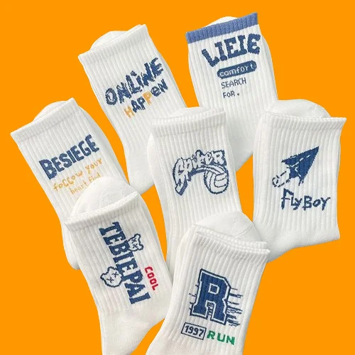 7/14 Pairs Men's Mid-Tube Socks Korean Version ins Trendy Socks Boneless Sports Socks High-Tube All-match Deodorant Socks