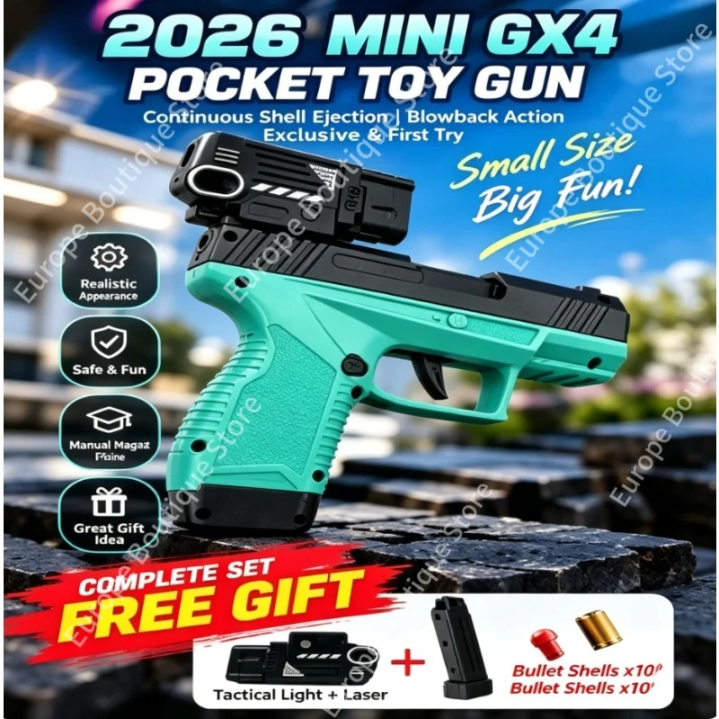 Mini GX4 Pocket Toy,Macaron Shell‑Eject Blowback w/ Tri‑Clamp Light,Full Set Magazines Soft Bullets Shells,Kids Gift