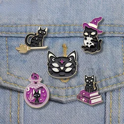 Magic Witch Cats Enamel Pin Black Kitten Brooches Lapel Badges Cartoon Animal Gothic Punk Jewelry Pins for Friend Gift Wholesale