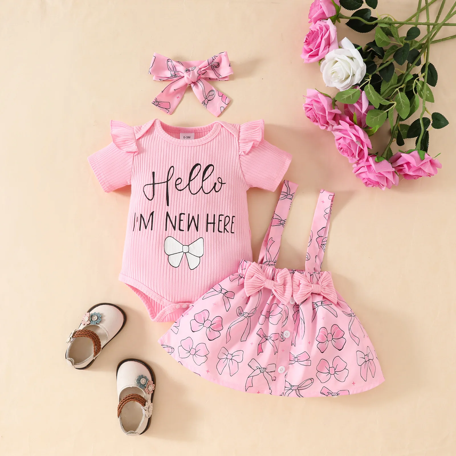 

Summer Baby Girls Clothing Set 0-18M Sweet Infant Outfit Letter Bodysuit+Bow Print Strap Skirt+Headband 3Pcs Toddler Skirts Suit