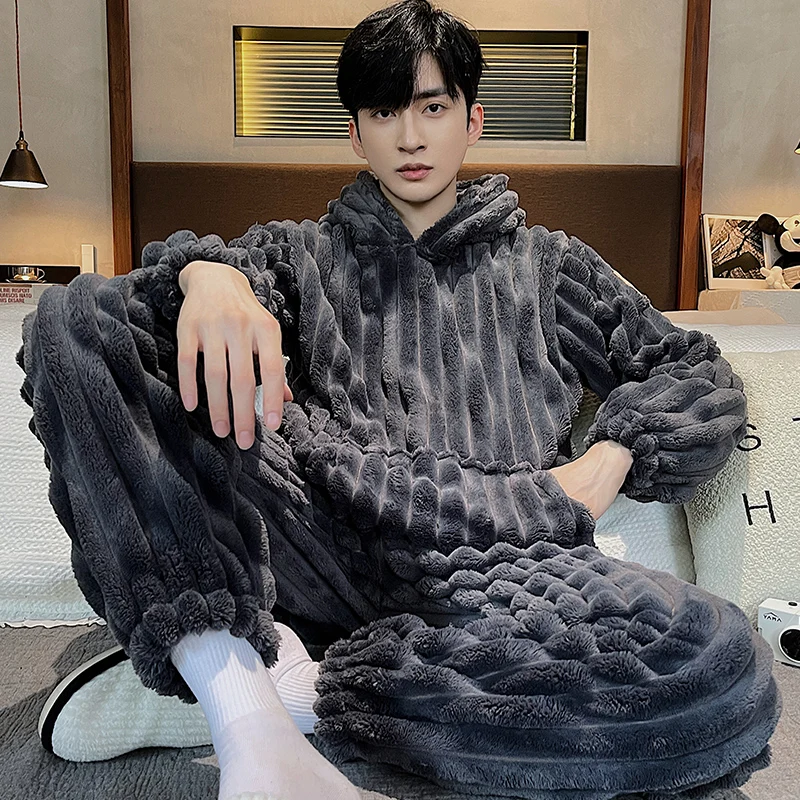 Korean Fashion Winter Flannel Warm Nightwear for Men Hooded Sleepwear 2Pcs/set Sleeping Top Pant Homewear Young Boy Pjs Pyjamas