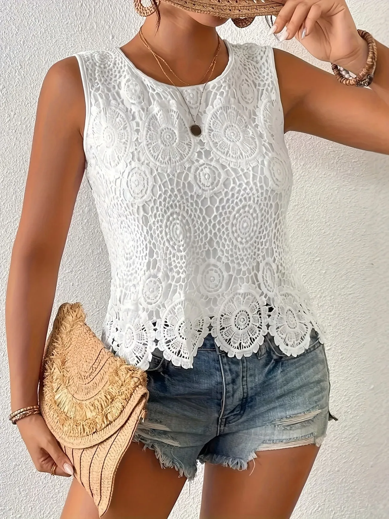 Spitzen-Modetop Vielseitiges Freizeit-Camisole Weißes Modisches Party-Oberteil für Damen