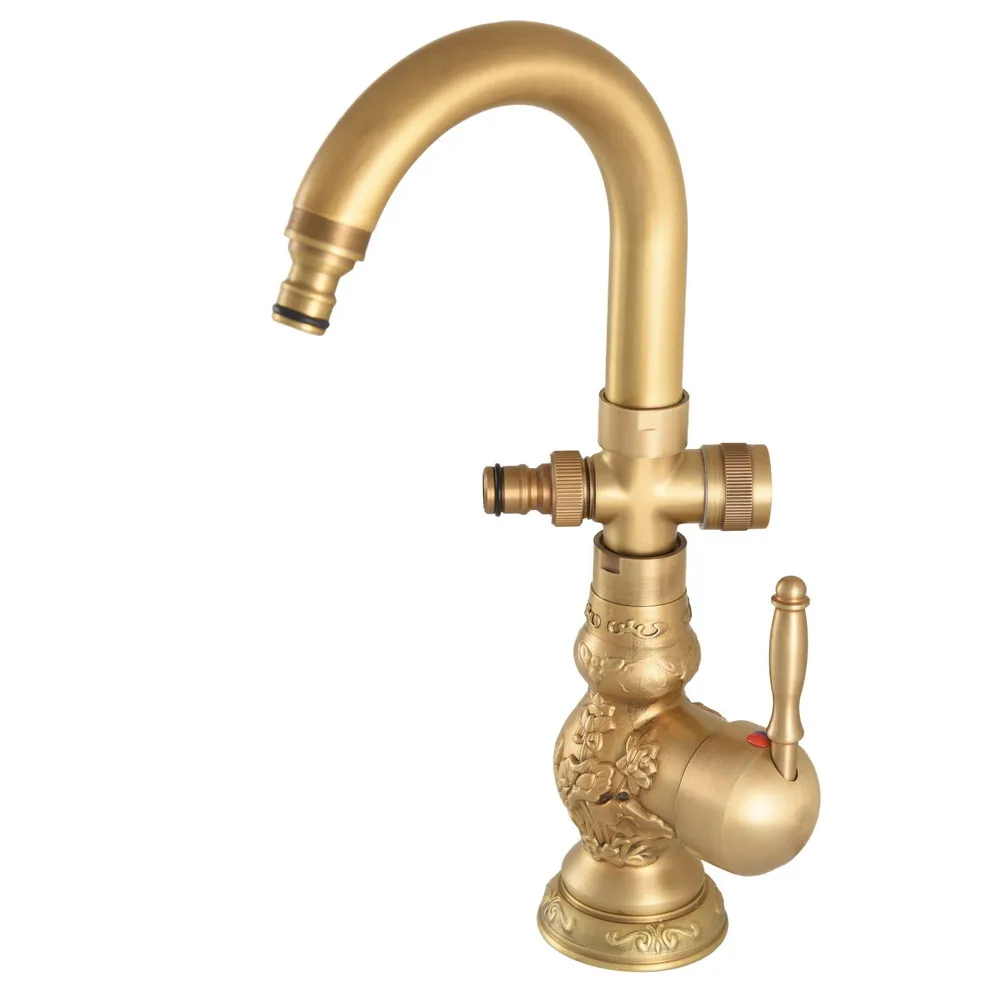 Deck Mounted Carved Flower Antique Brass Swivel Spout Kitchen Bathroom Basin Sink Mixer Tap Faucet With Diverter nozzle mnf726