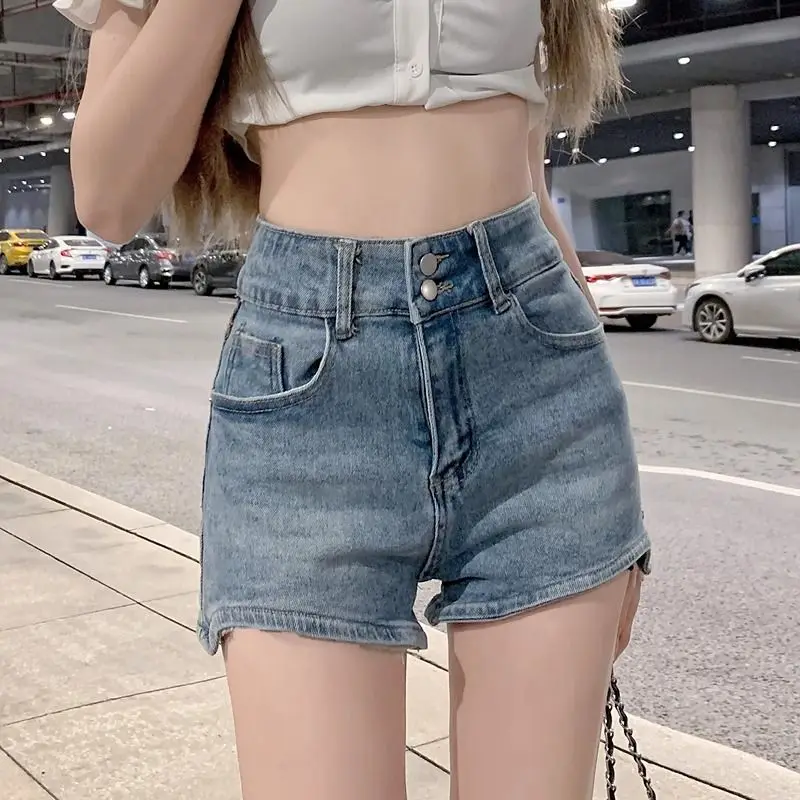

Denim Shorts Women's Double Button Slim Sexy American Retro High Waist Stretch a Line Hot Pants Ins