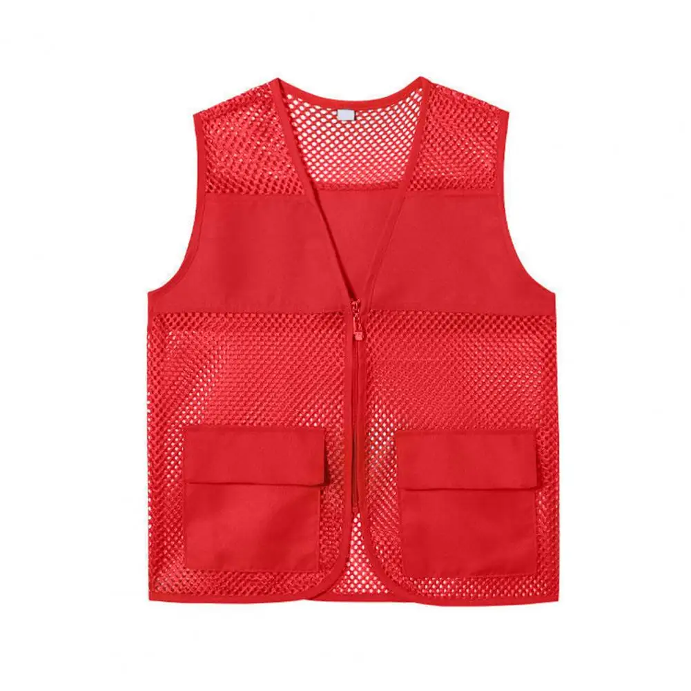 Fishing Vest Hollow Out Zipper Placket Double Pockets V-neck Work Vest Volunteer Bright Color Loose Fit Unisex Work Waistcoat