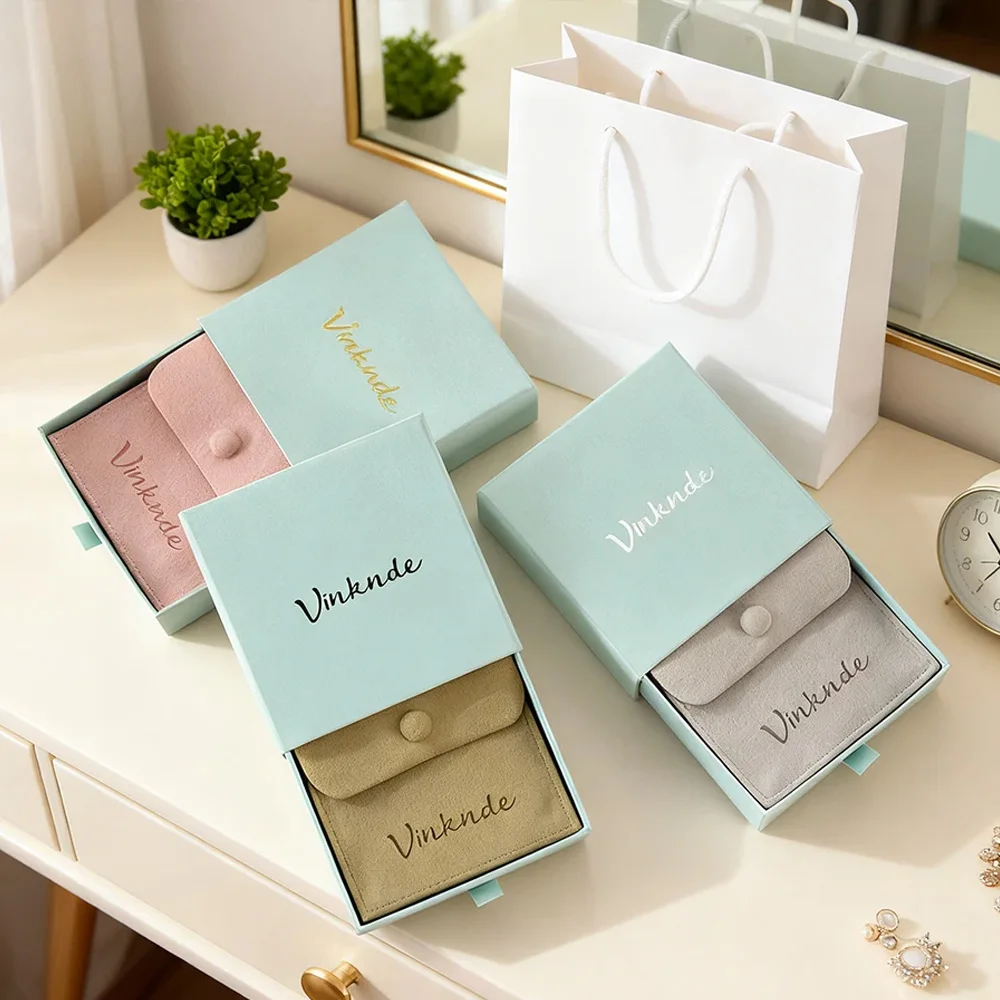 

Картонная подарочная коробка для ювелирных изделий с логотипом, ожерелье, выдвижной ящик, бумажная коробка с черной пеной, микрофибра, сумка на кнопках