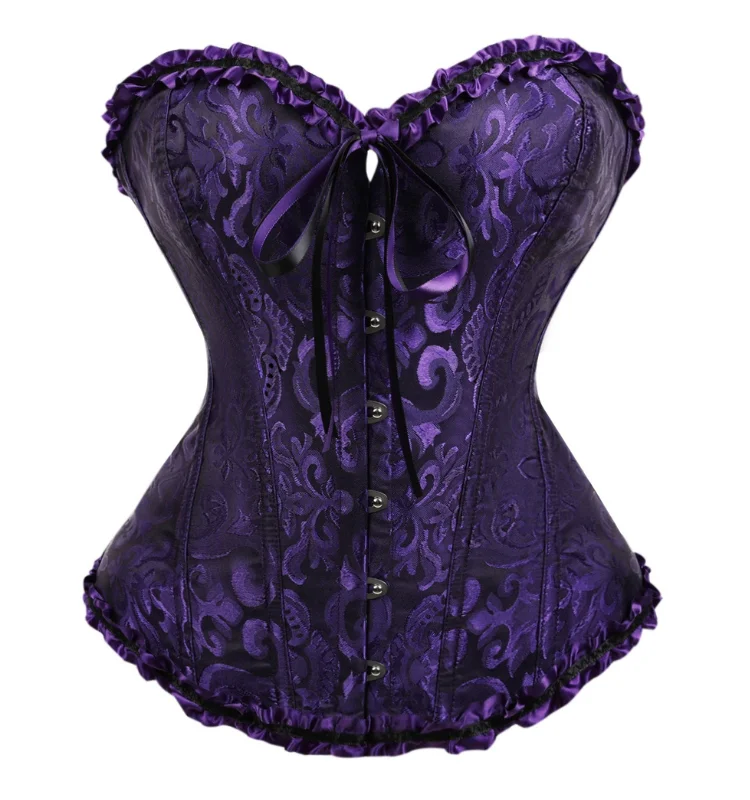 Damen-Overbust-Korsett, Vintage-Jacquard, Rüschen, Schleife vorne, Busk hinten, Schnürung, Taillenformer, Freizeit-, Party- und Alltagskleidung – Detail 21