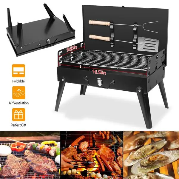 

16.7x10x17.7in Portable Charcoal Grill Foldable BBQ Suitcase Grill Shelf For Outdoor Camping Picnics Garden Grilling