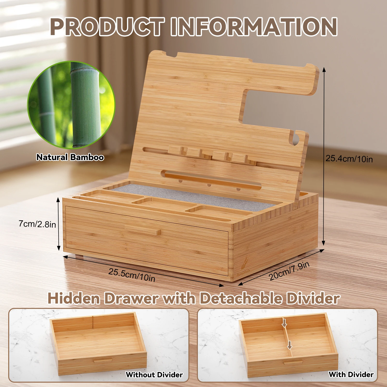 Bamboo Phone Docking Station with Drawer Nightstand Charging Organizer for Men and Women Bedside Holder Stand for Watches