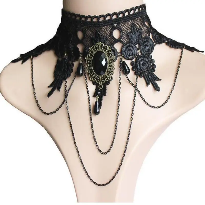 Vintage Gothic Black Lace Rhinestone Pendant Necklace For Women Ladies Elegant Sexy Choker Wedding Party Jewelry Y2K