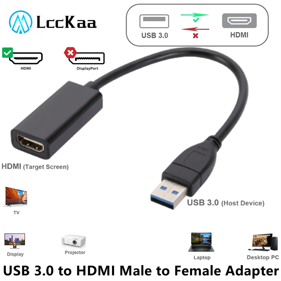 Adaptateur compatible USB vers HDMI, 1080P, USB 3.0 vers HDMI, convertisseur vidéo pour Windows 7, 8, 10 PC, ordinateur portable, moniteur de